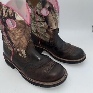 Ariat Fatbaby‎ Western Cowgirl Boots Pink Camo Brown Size 8 B Leather 10006854